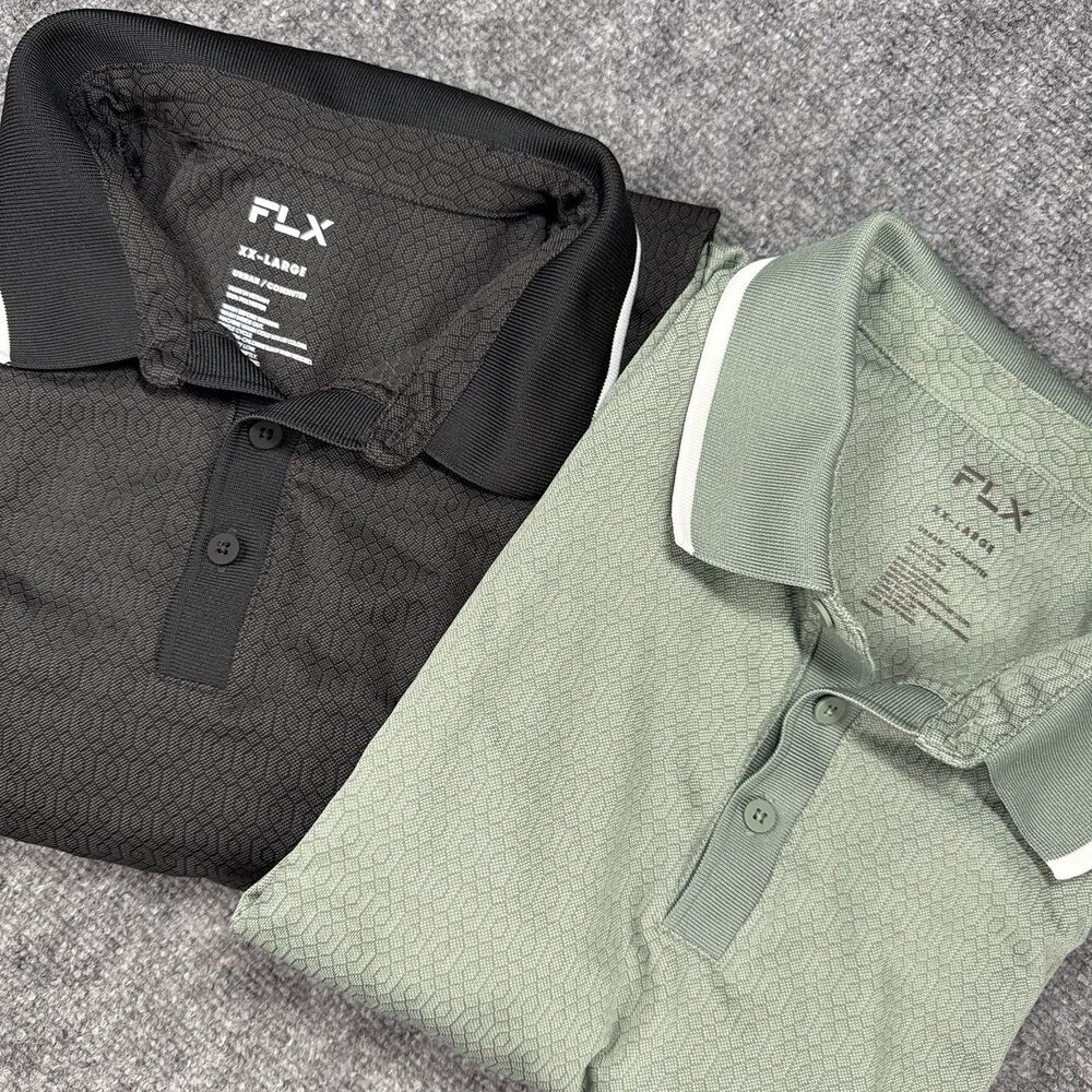 Lot (2) FLX Polo Shirts Mens XXL Gray/Sage Geometric Urban Commuter Performance